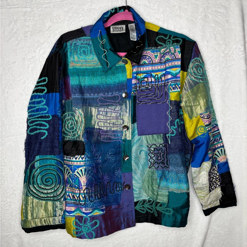VTG Chicos Designs Women Soutache Embroidered Button Front Silk Blend Jacket Sz2